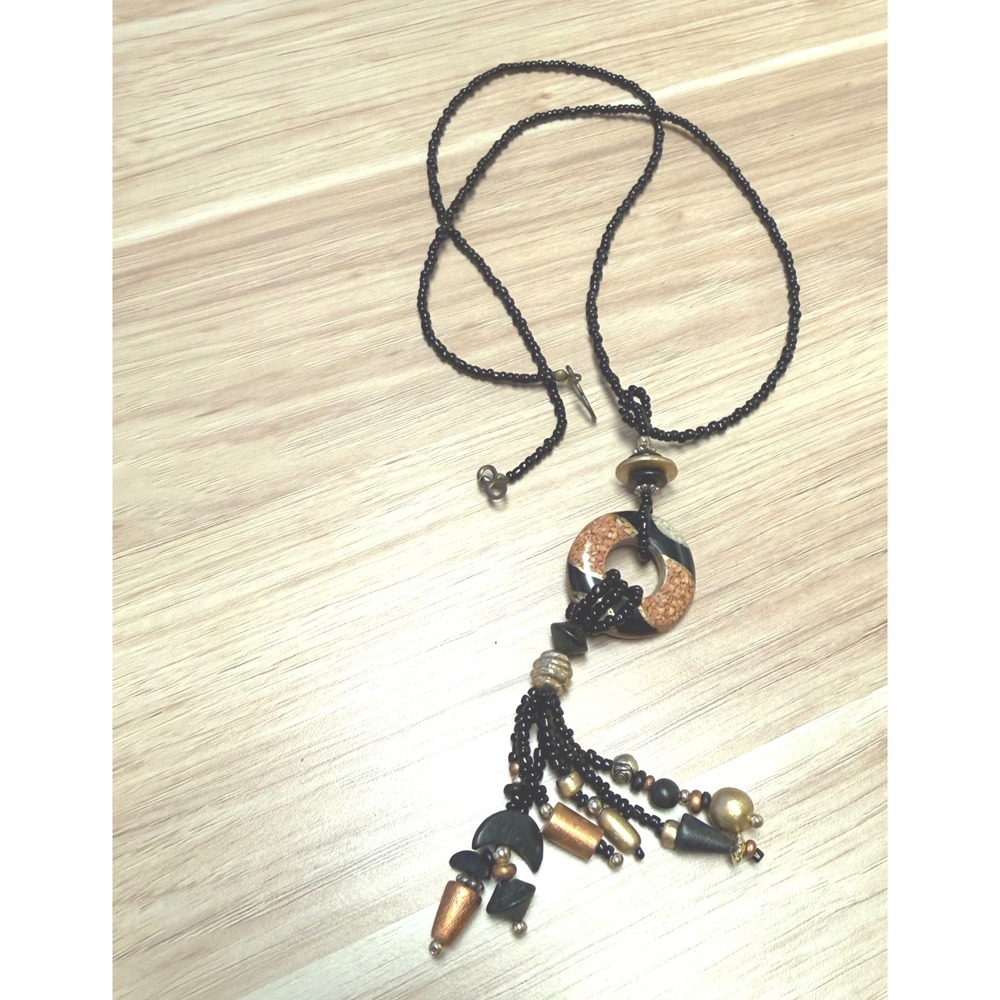 Artisan Beaded Tassel Necklace Black Gold Copper Wood Mosaic Boho Statement 18"